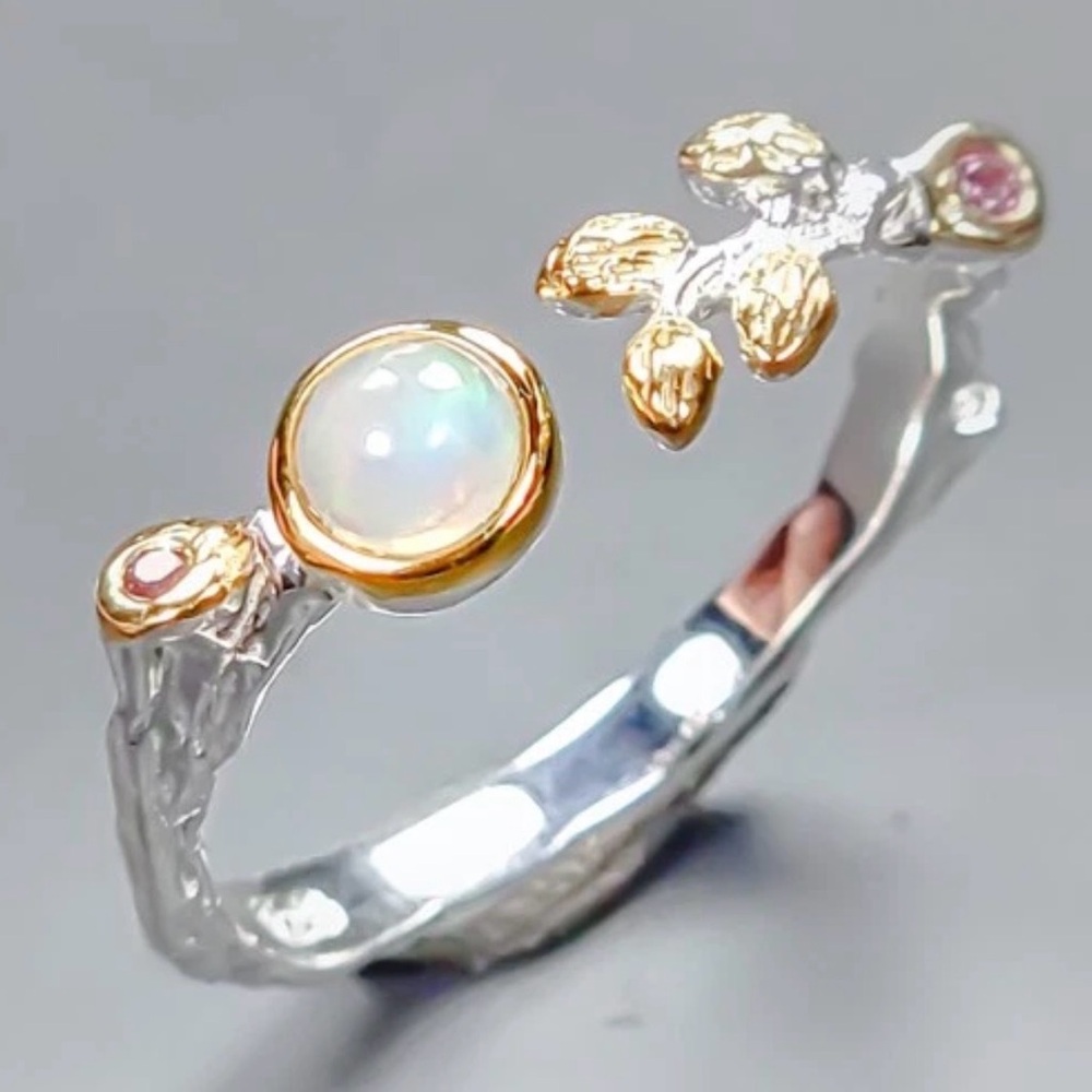 Elegant White Fire Opal & Garnet 14k YG and 925 Sterling silver Bypass Ring Sz 8